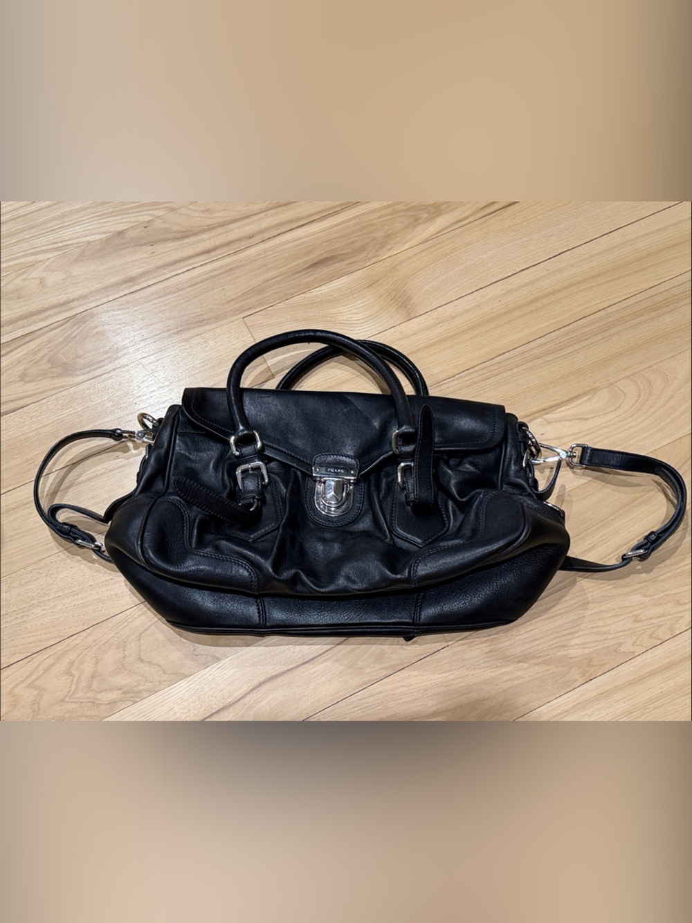 Prada Black Sheepskin Top-Handle Handbag Purse with Silver Hardware